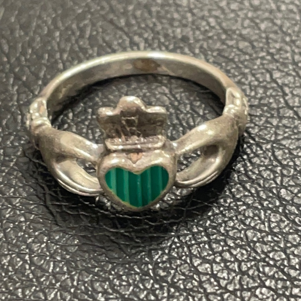 .925 Sterling MALACHITE CLADDAUGH RING real solid Silver Fine Jewelry Size 5